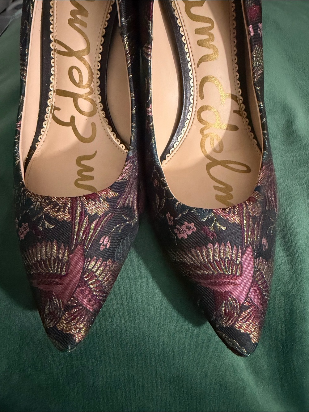 Sam Edelman Pointed Floral Brocade Pumps in Black and Burgundy